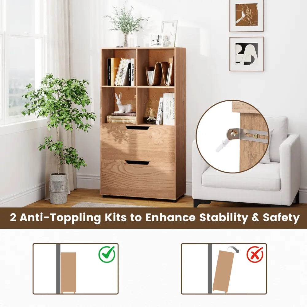 4-Cube Bookcase with 2 Drawers 51 inch 5-Tier Tall Freestanding Bookshelf-Natural - Natural - Bookcases