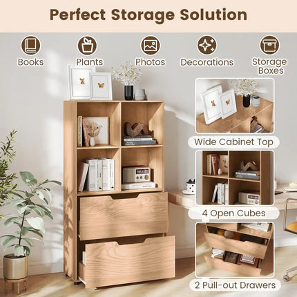4-Cube Bookcase with 2 Drawers 51 inch 5-Tier Tall Freestanding Bookshelf-Natural Costway