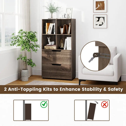 4-Cube Bookcase with 2 Drawers 51 inch 5-Tier Tall Freestanding Bookshelf-Gray Costway