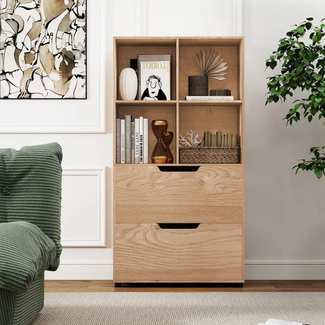 4-Cube Bookcase with 2 Drawers 51 inch 5-Tier Tall Freestanding Bookshelf-Natural Costway