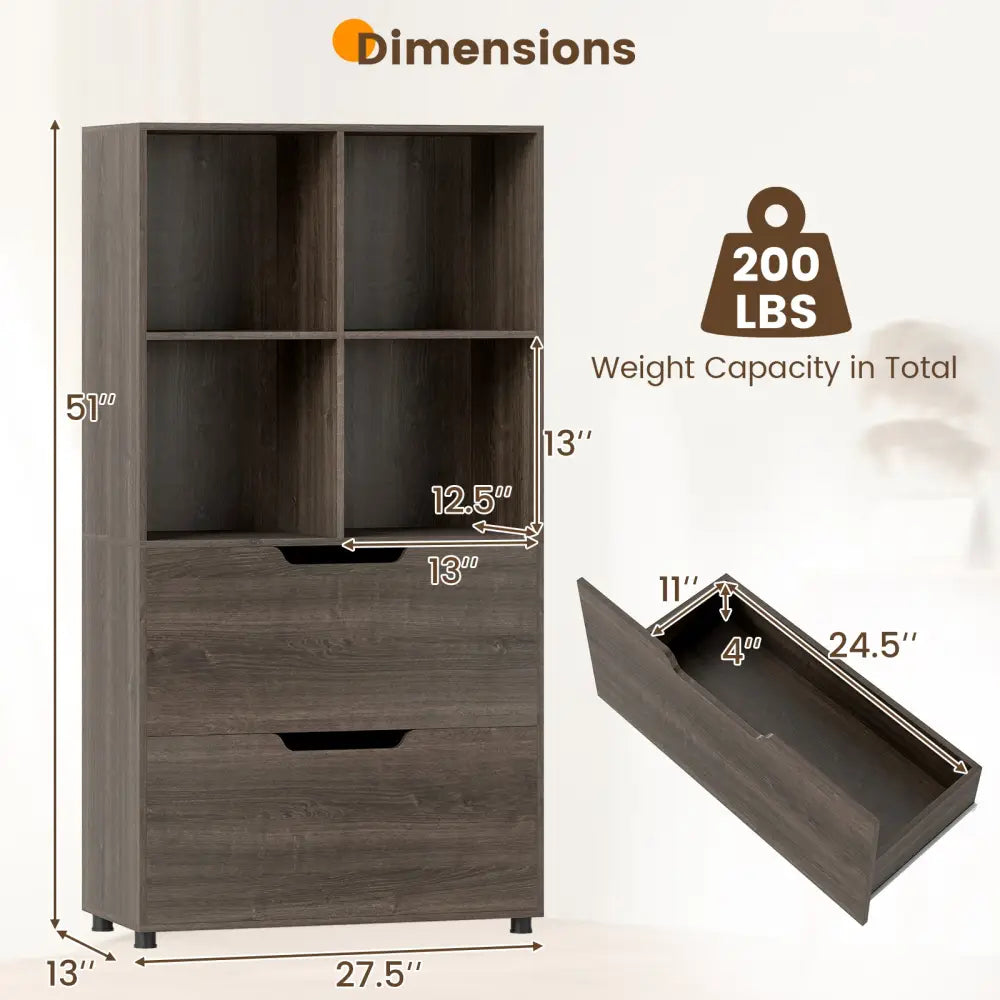 4-Cube Bookcase with 2 Drawers 51 inch 5-Tier Tall Freestanding Bookshelf-Gray - Gray - Bookcases