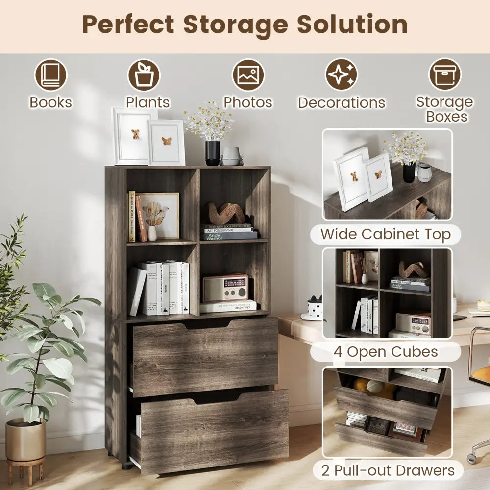 4-Cube Bookcase with 2 Drawers 51 inch 5-Tier Tall Freestanding Bookshelf-Gray - Gray - Bookcases