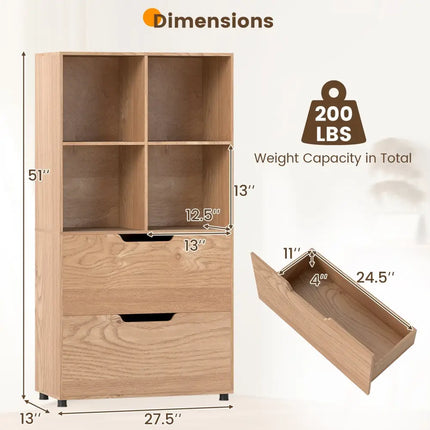 4-Cube Bookcase with 2 Drawers 51 inch 5-Tier Tall Freestanding Bookshelf-Natural Costway