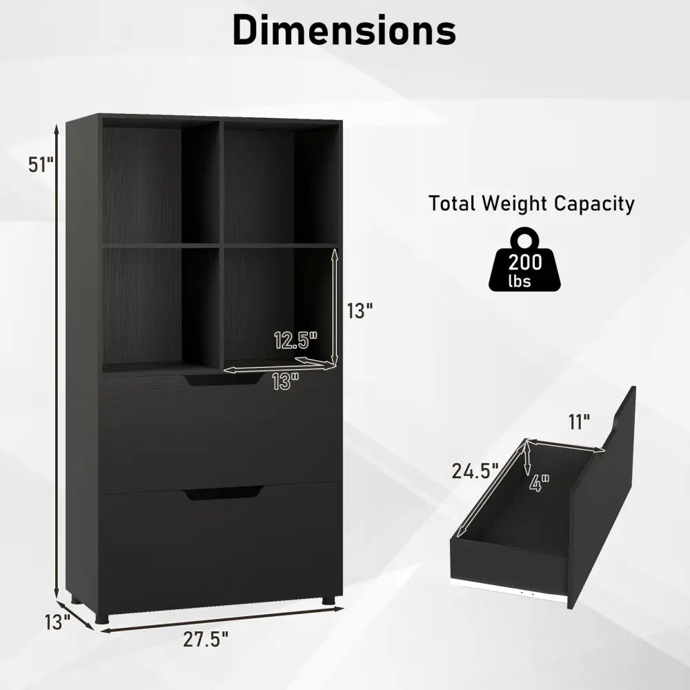 4-Cube Bookcase with 2 Drawers 51 inch 5-Tier Tall Freestanding Bookshelf-Black - Black - Bookcases