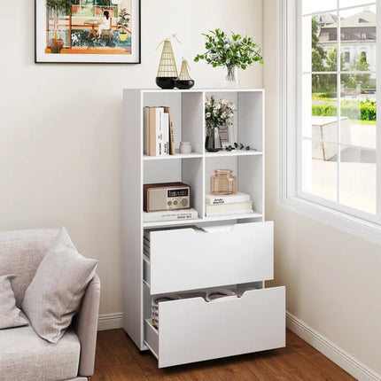 4-Cube Bookcase with 2 Drawers 51 inch 5-Tier Tall Freestanding Bookshelf-White Costway