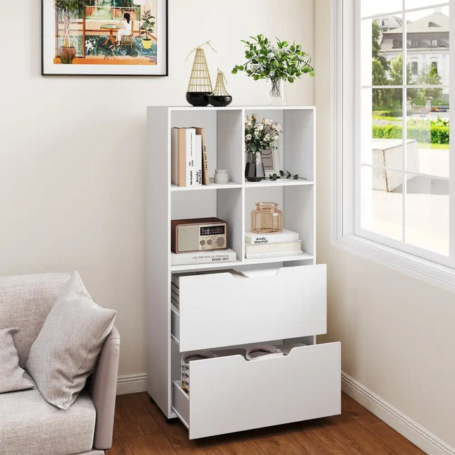 4-Cube Bookcase with 2 Drawers 51 inch 5-Tier Tall Freestanding Bookshelf-White Costway