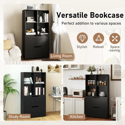 4-Cube Bookcase with 2 Drawers 51 inch 5-Tier Tall Freestanding Bookshelf-Black Costway