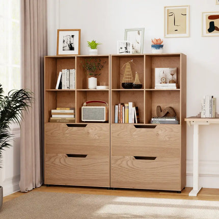 4-Cube Bookcase with 2 Drawers 51 inch 5-Tier Tall Freestanding Bookshelf-Natural Costway