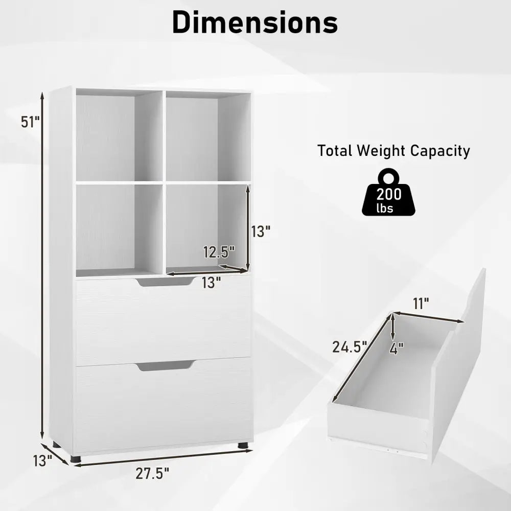 4-Cube Bookcase with 2 Drawers 51 inch 5-Tier Tall Freestanding Bookshelf-White - White - Bookcases