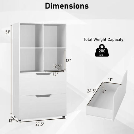 4-Cube Bookcase with 2 Drawers 51 inch 5-Tier Tall Freestanding Bookshelf-White Costway