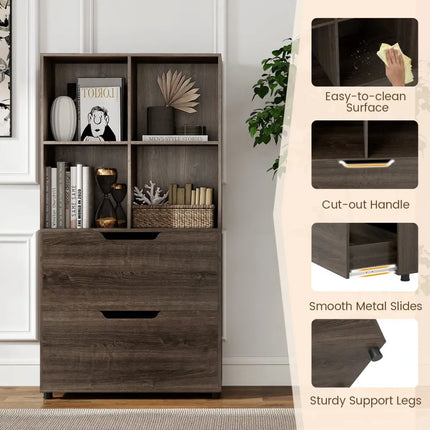 4-Cube Bookcase with 2 Drawers 51 inch 5-Tier Tall Freestanding Bookshelf-Gray Costway