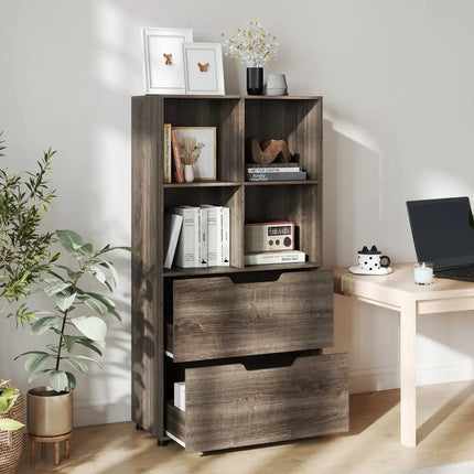 4-Cube Bookcase with 2 Drawers 51 inch 5-Tier Tall Freestanding Bookshelf-Gray Costway
