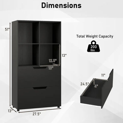 4-Cube Bookcase with 2 Drawers 51 inch 5-Tier Tall Freestanding Bookshelf-Black Costway