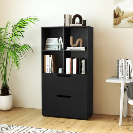 4-Cube Bookcase with 2 Drawers 51 inch 5-Tier Tall Freestanding Bookshelf-Black Costway