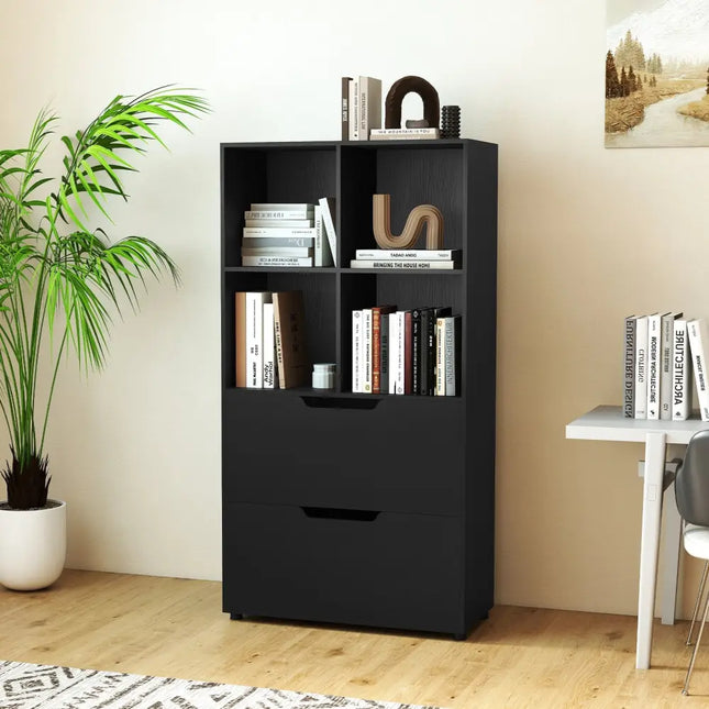 4-Cube Bookcase with 2 Drawers 51 inch 5-Tier Tall Freestanding Bookshelf-Black Costway