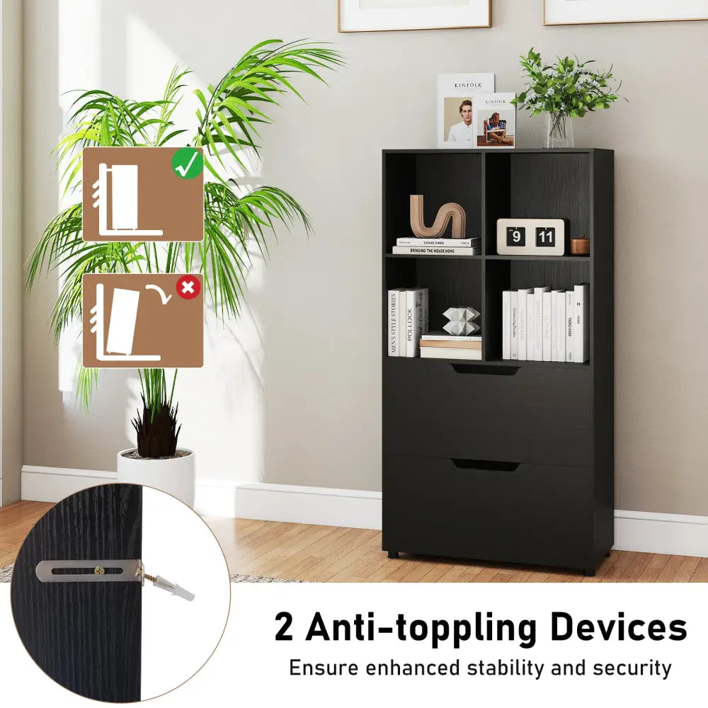 4-Cube Bookcase with 2 Drawers 51 inch 5-Tier Tall Freestanding Bookshelf-Black - Black - Bookcases