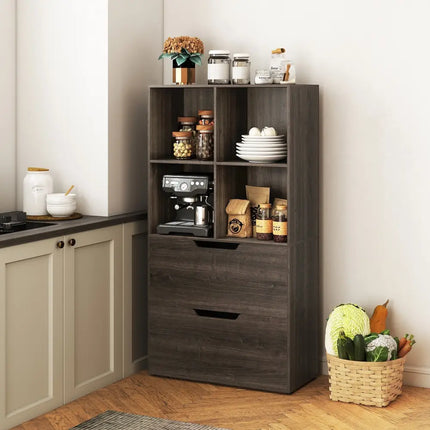 4-Cube Bookcase with 2 Drawers 51 inch 5-Tier Tall Freestanding Bookshelf-Gray Costway