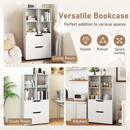 4-Cube Bookcase with 2 Drawers 51 inch 5-Tier Tall Freestanding Bookshelf-White Costway