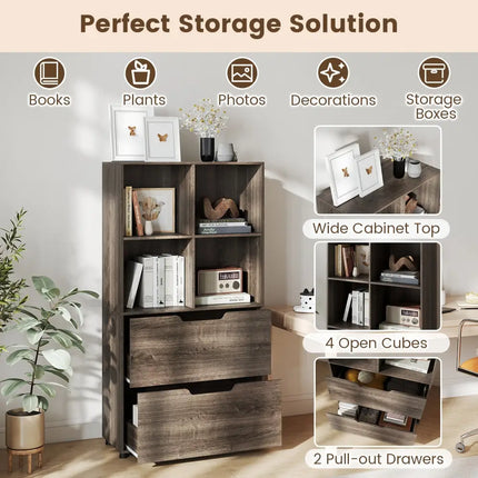 4-Cube Bookcase with 2 Drawers 51 inch 5-Tier Tall Freestanding Bookshelf-Gray Costway