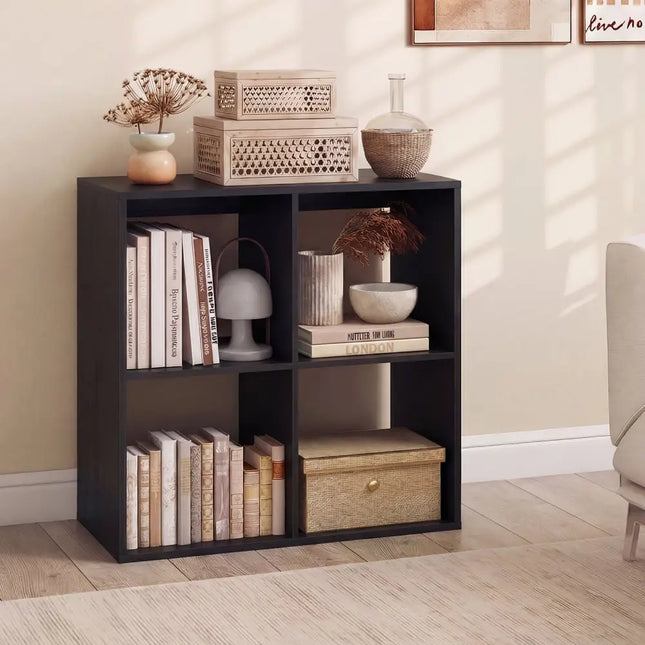 4 Cube Bookshelf with Back Guardrail for Living Room Bedroom-Black Costway