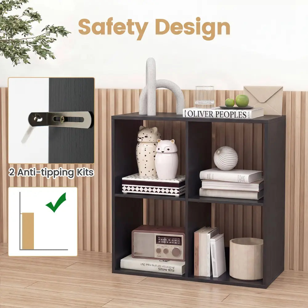 4 Cube Bookshelf with Back Guardrail for Living Room Bedroom-Black - Black - Bookcases