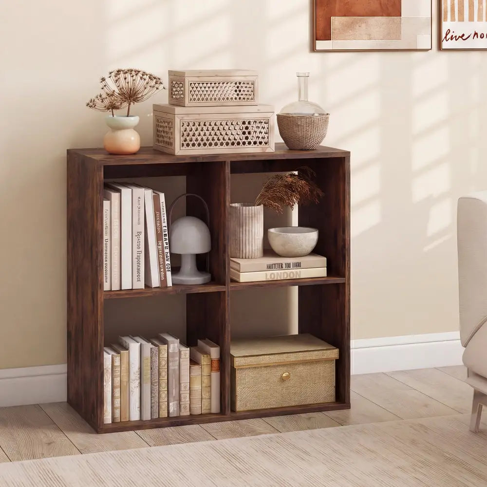 4 Cube Bookshelf with Back Guardrail for Living Room Bedroom-Coffee - Coffee - Bookcases