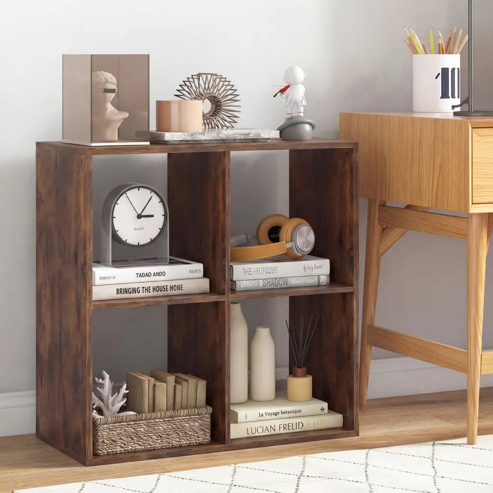 4 Cube Bookshelf with Back Guardrail for Living Room Bedroom-Coffee - Coffee - Bookcases