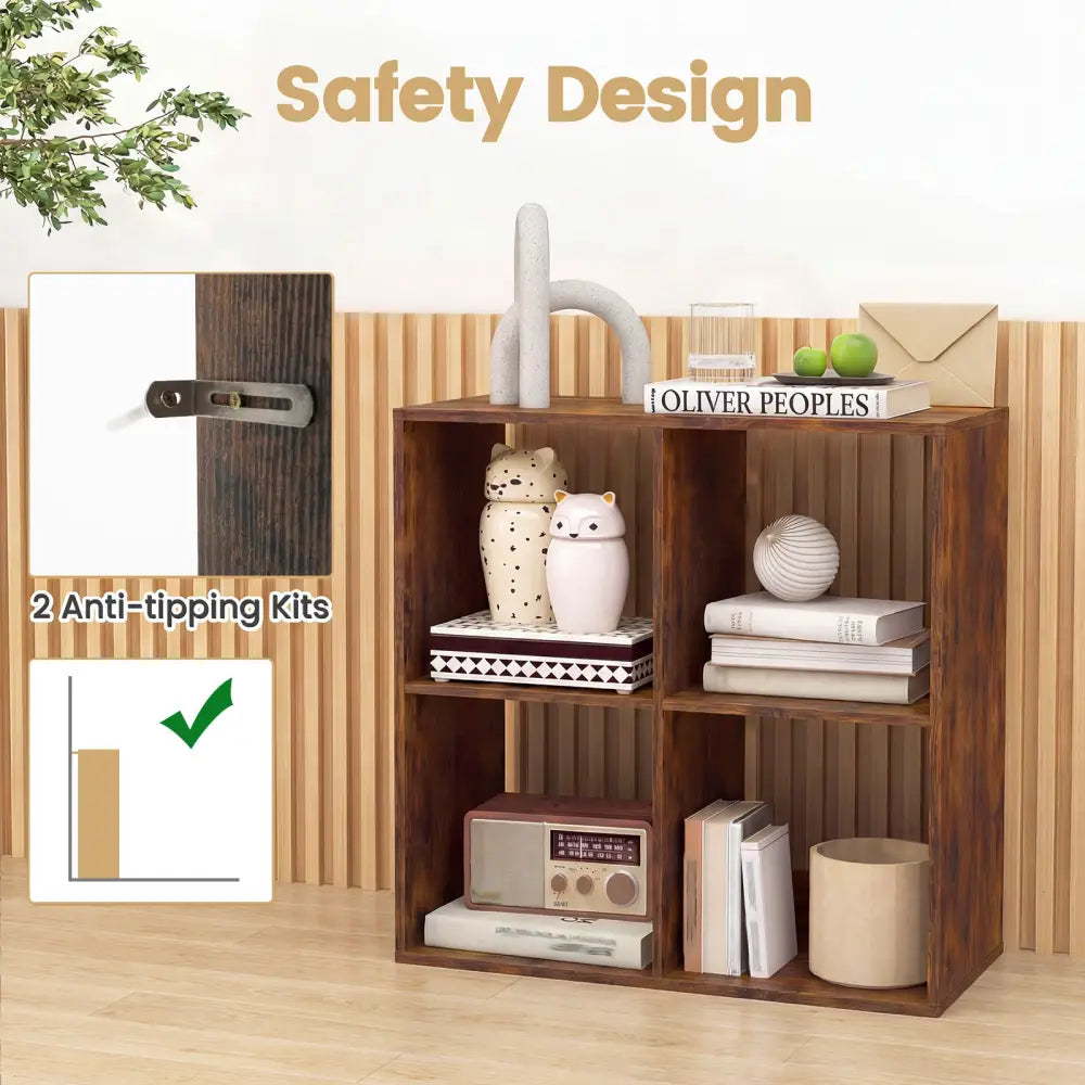 4 Cube Bookshelf with Back Guardrail for Living Room Bedroom-Coffee - Coffee - Bookcases