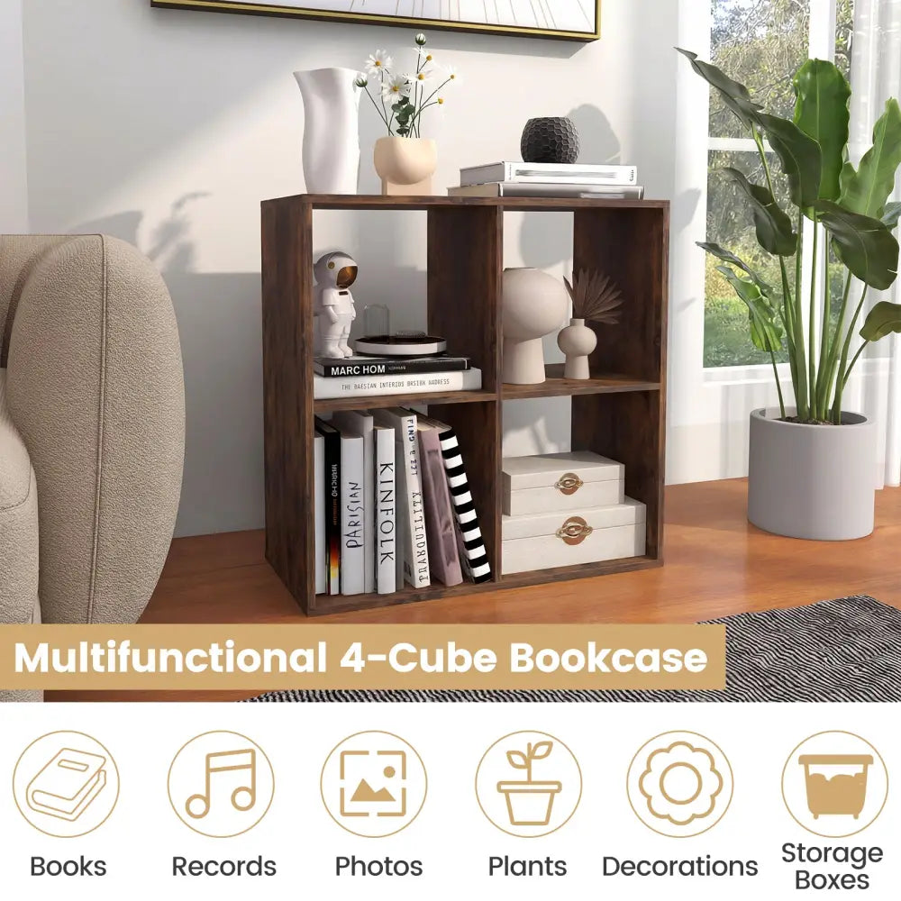 4 Cube Bookshelf with Back Guardrail for Living Room Bedroom-Coffee - Coffee - Bookcases