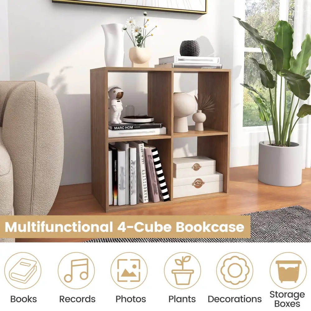 4 Cube Bookshelf with Back Guardrail for Living Room Bedroom-Natural - Natural - Bookcases