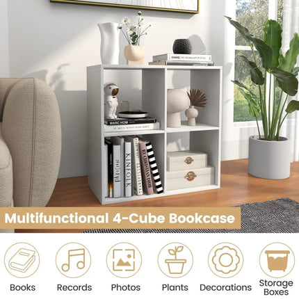 4 Cube Bookshelf with Back Guardrail for Living Room Bedroom-White Costway