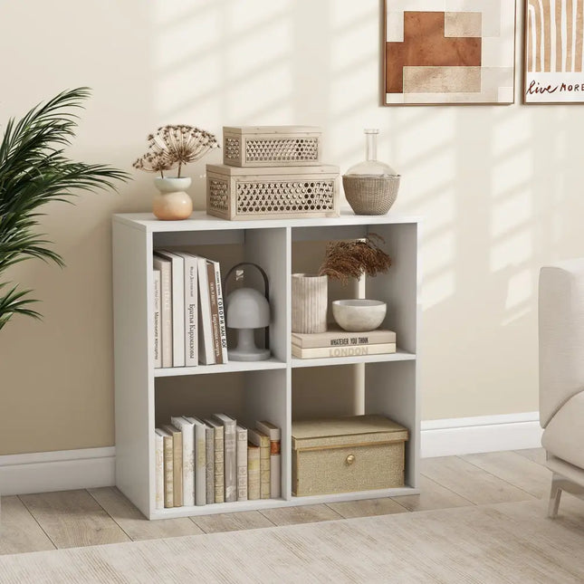 4 Cube Bookshelf with Back Guardrail for Living Room Bedroom-White Costway