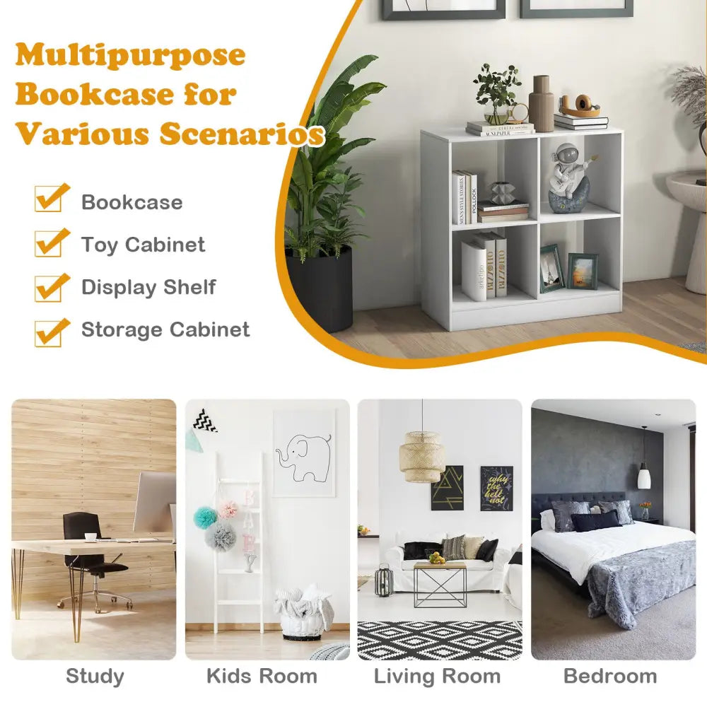 4-Cube Kids Bookcase with Open Shelves-White - White - Kids Storage