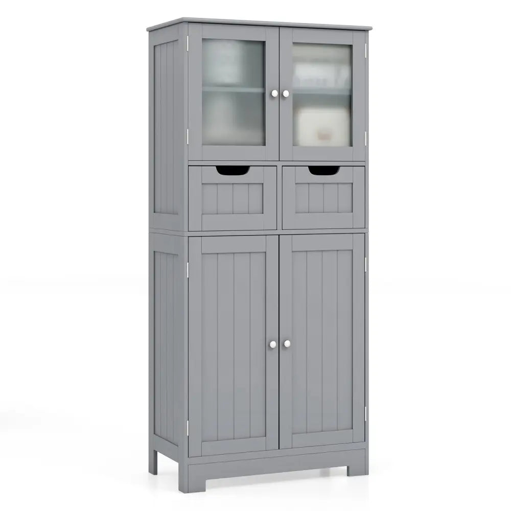 4 Door Freee-Standing Bathroom Cabinet with 2 Drawers and Glass Doors-Gray - Gray - Floor Cabinets