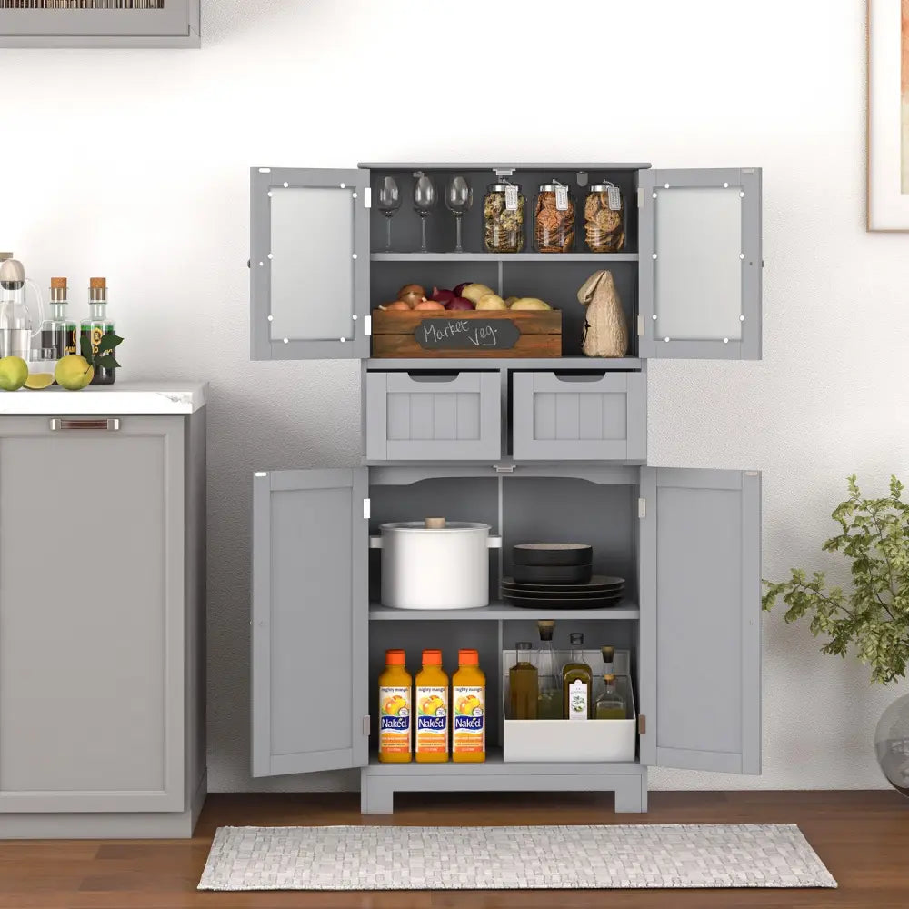 4 Door Freee-Standing Bathroom Cabinet with 2 Drawers and Glass Doors-Gray - Gray - Floor Cabinets