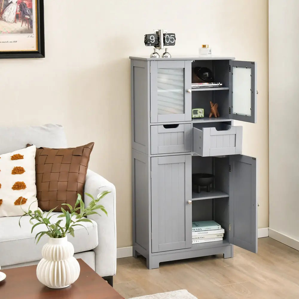 4 Door Freee-Standing Bathroom Cabinet with 2 Drawers and Glass Doors-Gray - Gray - Floor Cabinets