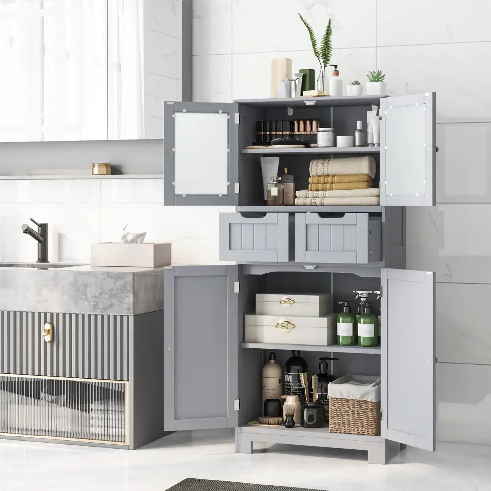 4 Door Freee-Standing Bathroom Cabinet with 2 Drawers and Glass Doors-Gray - Gray - Floor Cabinets