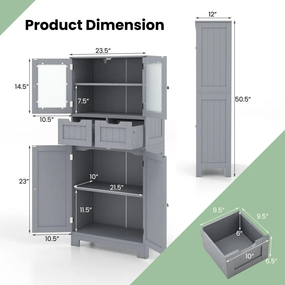 4 Door Freee-Standing Bathroom Cabinet with 2 Drawers and Glass Doors-Gray - Gray - Floor Cabinets