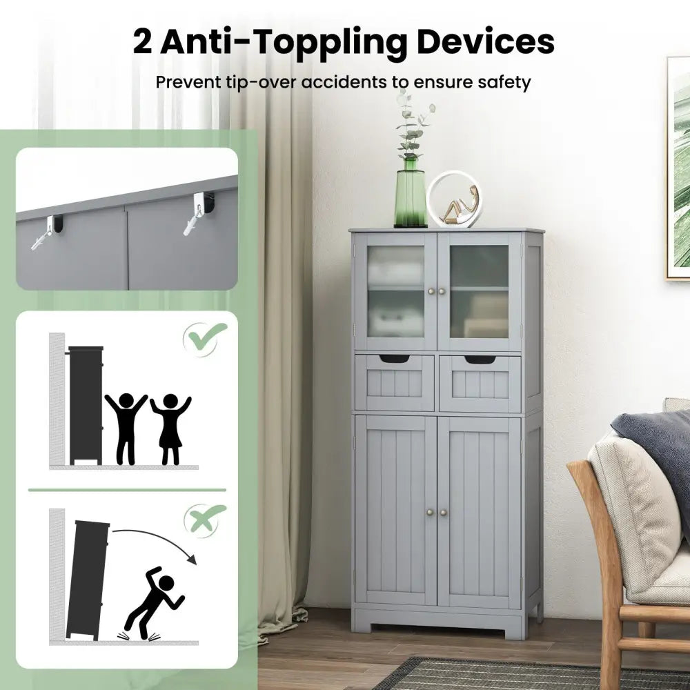 4 Door Freee-Standing Bathroom Cabinet with 2 Drawers and Glass Doors-Gray - Gray - Floor Cabinets