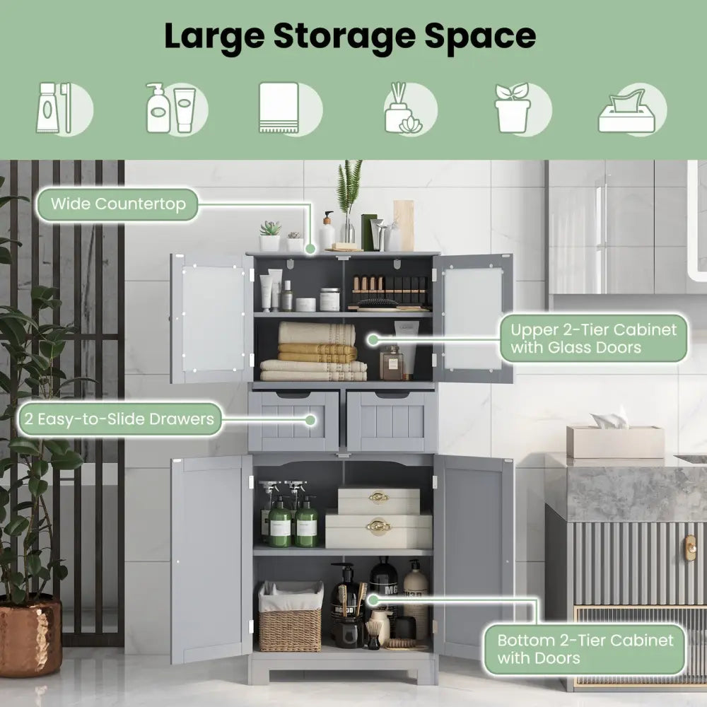 4 Door Freee-Standing Bathroom Cabinet with 2 Drawers and Glass Doors-Gray - Gray - Floor Cabinets