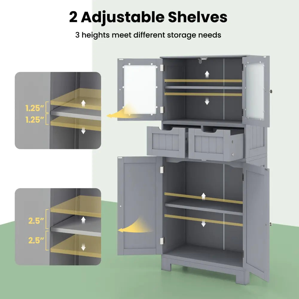 4 Door Freee-Standing Bathroom Cabinet with 2 Drawers and Glass Doors-Gray - Gray - Floor Cabinets