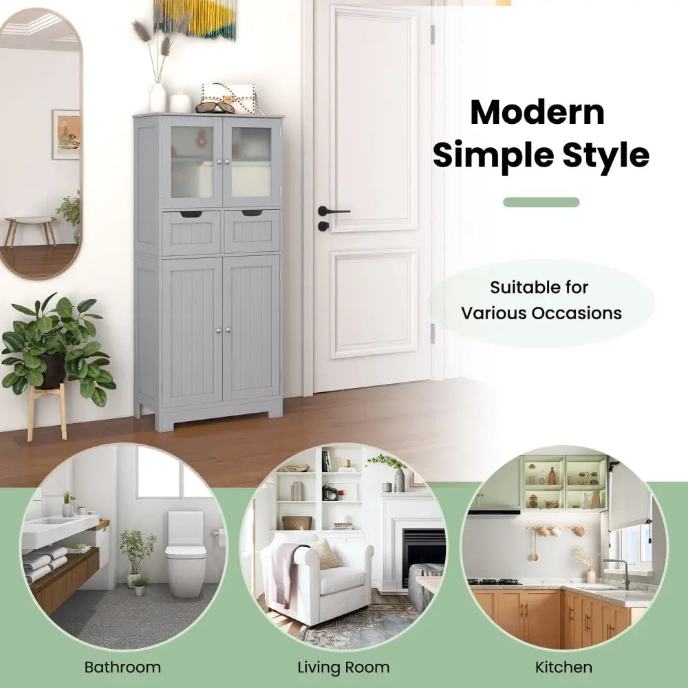 4 Door Freee-Standing Bathroom Cabinet with 2 Drawers and Glass Doors-Gray - Gray - Floor Cabinets