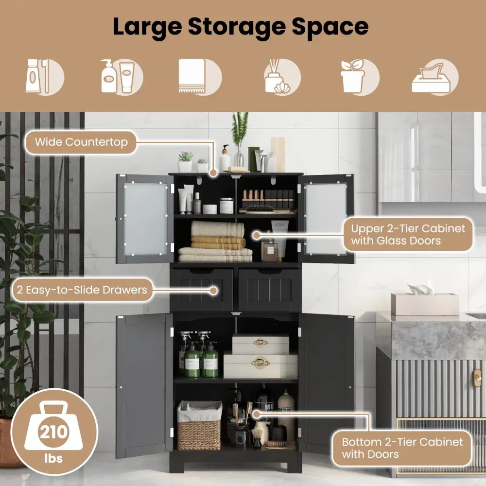 4 Door Freestanding Bathroom Floor Storage Cabinet with 2 Drawers and Glass Doors-Black - Black - Floor Cabinets