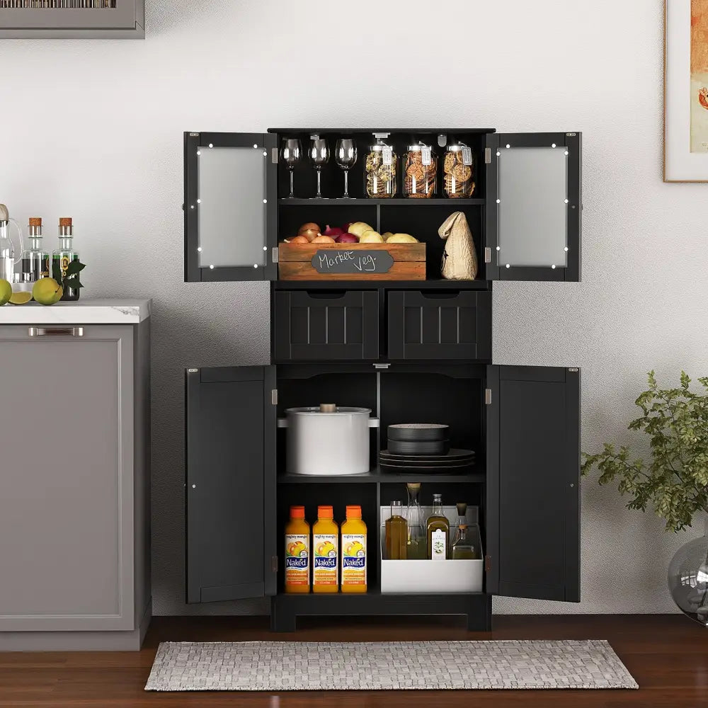 4 Door Freestanding Bathroom Floor Storage Cabinet with 2 Drawers and Glass Doors-Black - Black - Floor Cabinets
