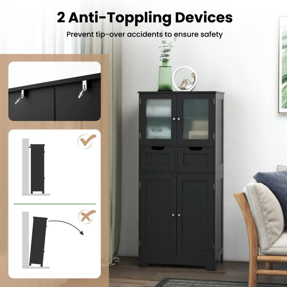 4 Door Freestanding Bathroom Floor Storage Cabinet with 2 Drawers and Glass Doors-Black - Black - Floor Cabinets