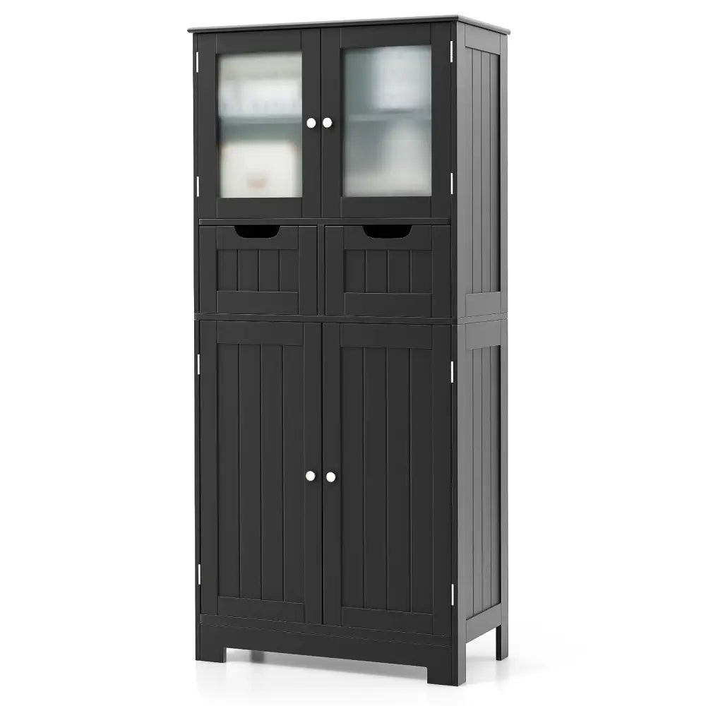 4 Door Freestanding Bathroom Floor Storage Cabinet with 2 Drawers and Glass Doors-Black - Black - Floor Cabinets