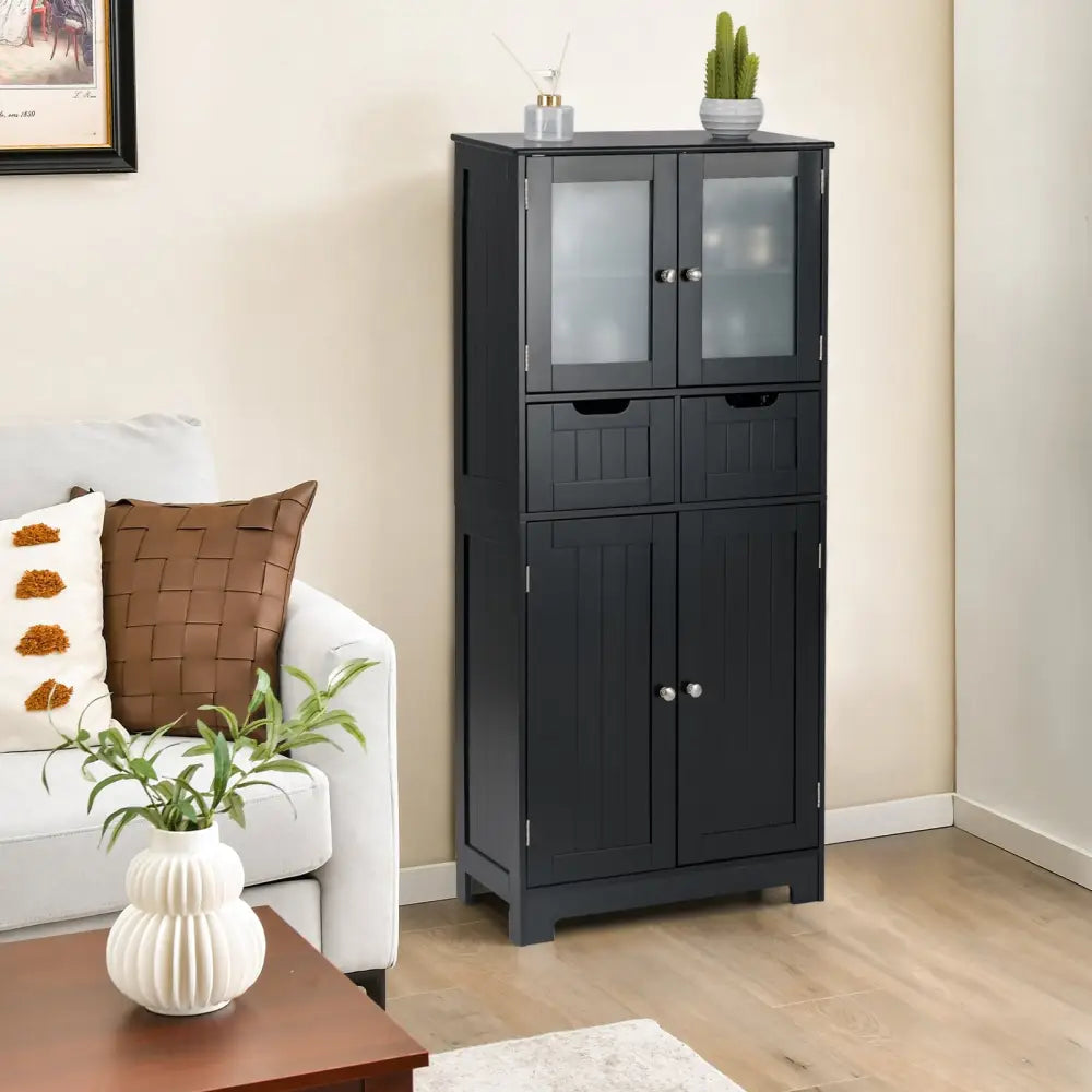 4 Door Freestanding Bathroom Floor Storage Cabinet with 2 Drawers and Glass Doors-Black - Black - Floor Cabinets