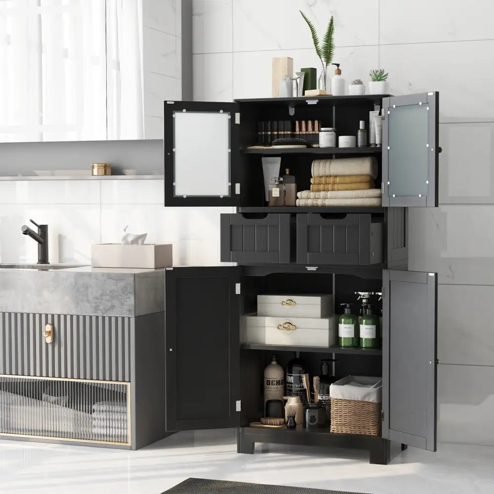 4 Door Freestanding Bathroom Floor Storage Cabinet with 2 Drawers and Glass Doors-Black - Black - Floor Cabinets