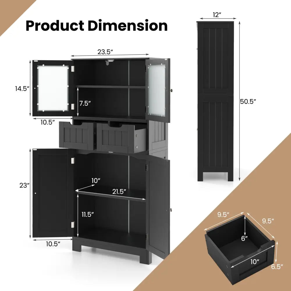 4 Door Freestanding Bathroom Floor Storage Cabinet with 2 Drawers and Glass Doors-Black - Black - Floor Cabinets