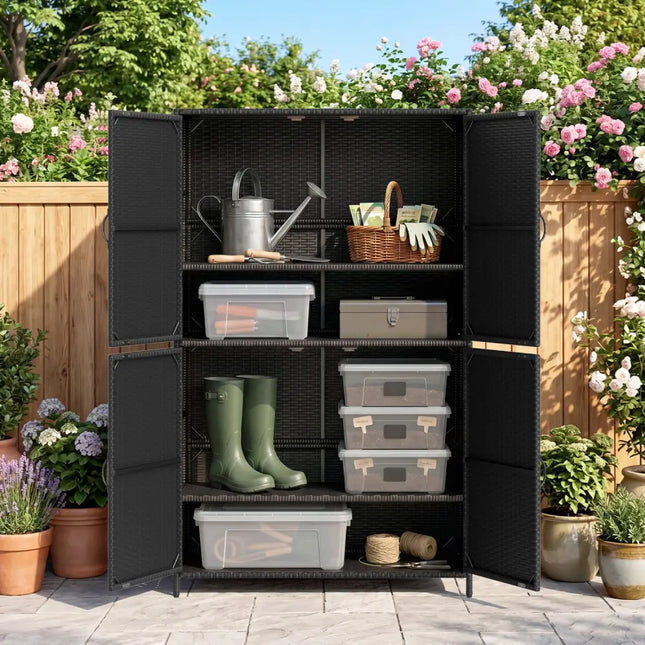 4-Door Rattan Vertical Storage Shed with Adjustable Shelves-Black - Black - Sheds & Outdoor Storage